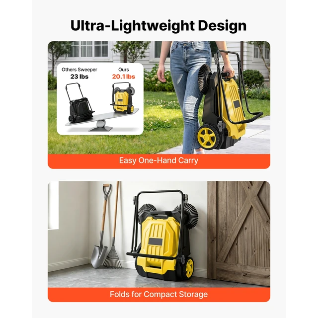 Alt view image 5 of 7 - Walk-Behind Hand Push Floor Sweeper, Manual Floor Sweeper Non-Electric with 25.6" Sweeping Width, 5 Gallons Waste Container & Adjustable Folding Handle for Yards Walkways Patios Garages - Yellow