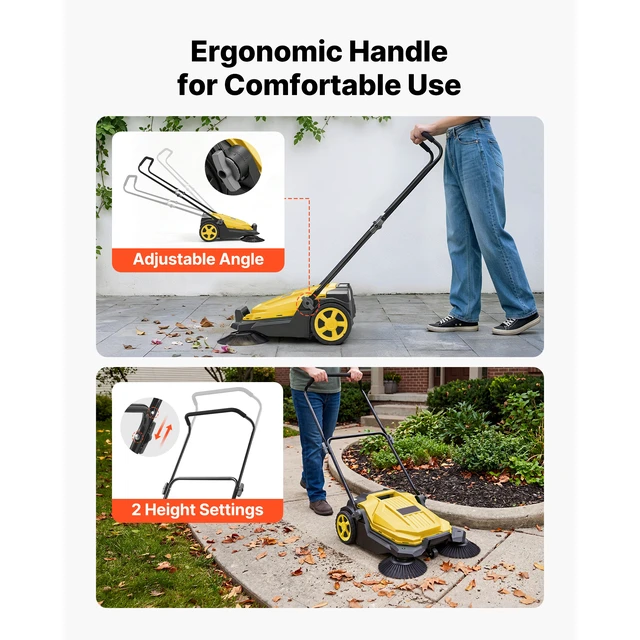 Alt view image 6 of 7 - Walk-Behind Hand Push Floor Sweeper, Manual Floor Sweeper Non-Electric with 25.6" Sweeping Width, 5 Gallons Waste Container & Adjustable Folding Handle for Yards Walkways Patios Garages - Yellow