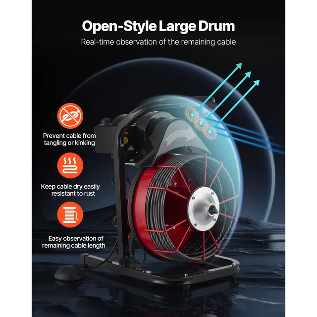 Alt view image 4 of 7 - Drain Cleaner Machine 75 FT x 1/2 Inch, Sewer Snake Auger Manual Feed with 4 Cutters & Air-activated Foot Switch for 2" to 6" Pipes