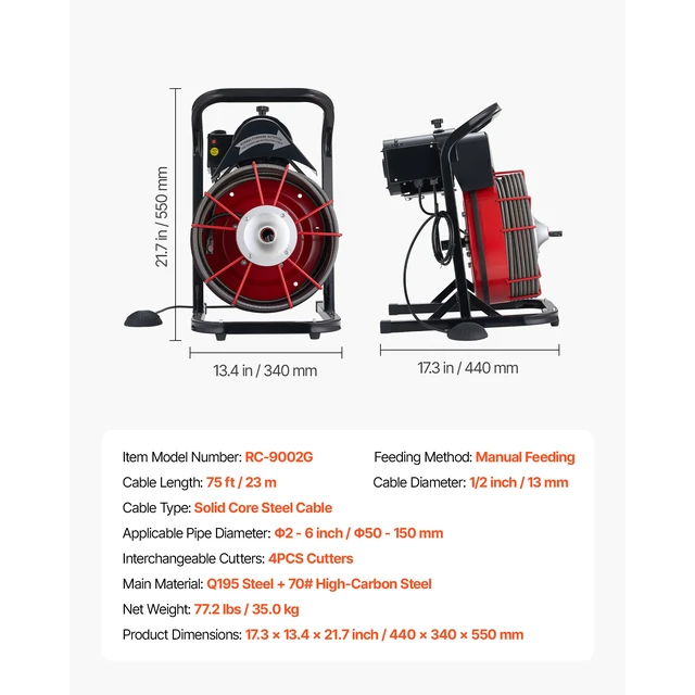 Alt view image 7 of 7 - Drain Cleaner Machine 75 FT x 1/2 Inch, Sewer Snake Auger Manual Feed with 4 Cutters & Air-activated Foot Switch for 2" to 6" Pipes
