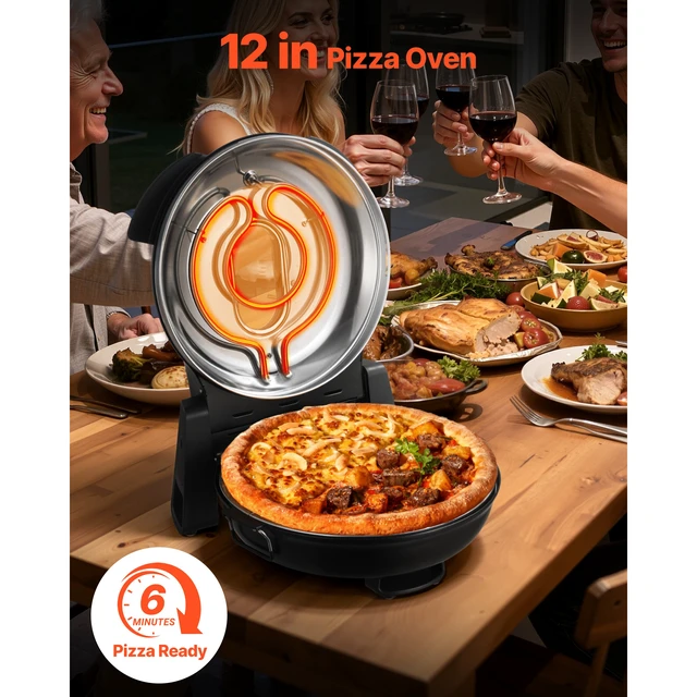 Alt view image 3 of 7 - Pizza Oven, 12 in Electric Pizza Maker, 1200W Electric Pizzas Cooker with Cordierite Stone, 5-Mode Temperature Control, Viewing Window for Precise Cooking, Heats up to 788 F, for Home (Black)