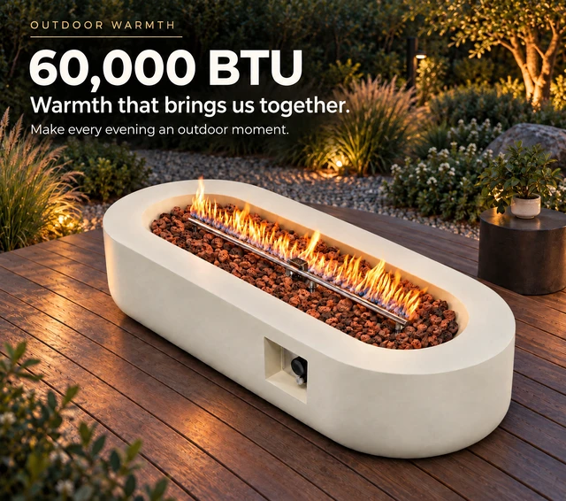 Alt view image 3 of 5 - 60 inch Outdoor Propane Fire Pit Table 60000BTU Oval Concrete Fire Pit Coffee Table fire pit table with lid BEIGE