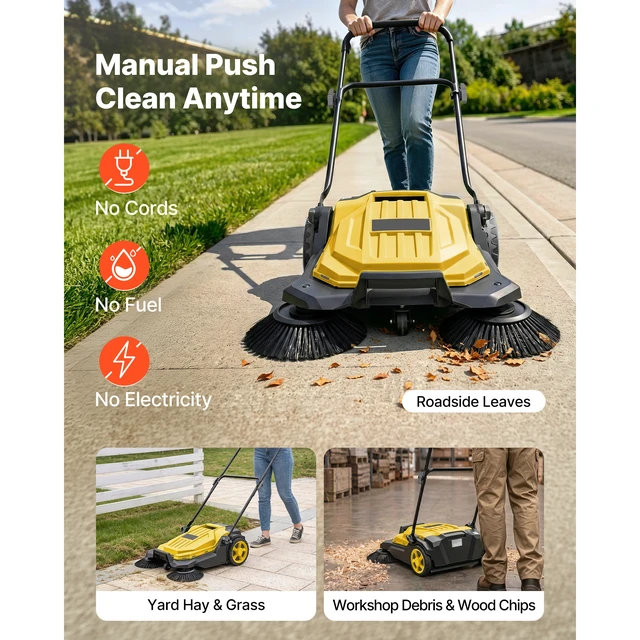 Alt view image 3 of 7 - Walk-Behind Hand Push Floor Sweeper, Manual Floor Sweeper Non-Electric with 25.6" Sweeping Width, 5 Gallons Waste Container & Adjustable Folding Handle for Yards Walkways Patios Garages - Yellow
