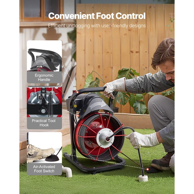 Alt view image 6 of 7 - Drain Cleaner Machine 75 FT x 1/2 Inch, Sewer Snake Auger Manual Feed with 4 Cutters & Air-activated Foot Switch for 2" to 6" Pipes