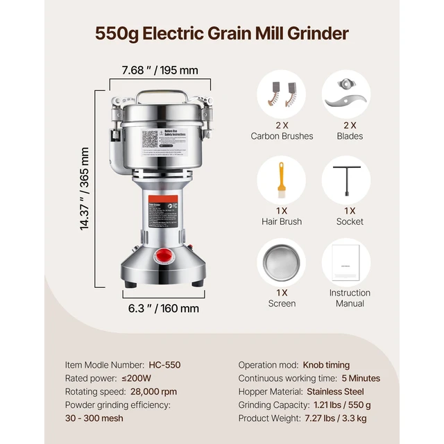 Alt view image 7 of 7 - 550g Electric Grain Mill Grinder, High Speed 2000W Commercial Spice Grinders, Stainless Steel Pulverizer Powder Machine, for Dry Grains Spices Cereals Coffee Corn Pepper, Straight Type