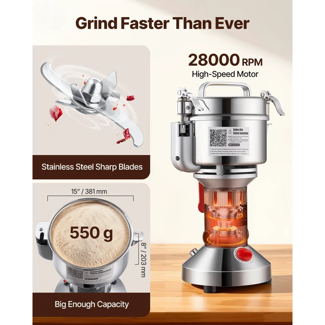 Alt view image 4 of 7 - 550g Electric Grain Mill Grinder, High Speed 2000W Commercial Spice Grinders, Stainless Steel Pulverizer Powder Machine, for Dry Grains Spices Cereals Coffee Corn Pepper, Straight Type