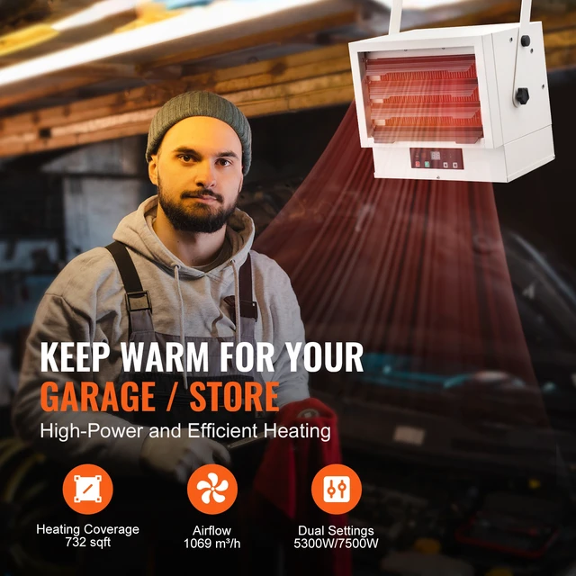 Alt view image 5 of 7 - Electric Garage Heater, 7500-Watt Digital Fan-Forced Wall/Ceiling Mount Shop Heater, with Remote Control Overheat Protection, Hardwired Heater with 9-Hour Timer, Ideal for Workshop, ETL Listed