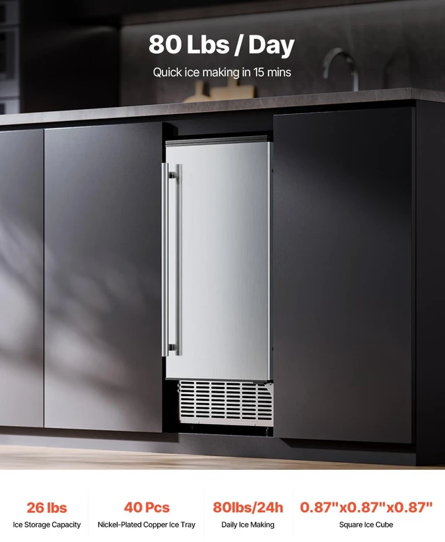 Alt view image 5 of 7 - Undercounter Built-in Ice Maker, 80 Lbs/Day Under Counter Ice Maker Machine with Reversible Door Stainless Steel, Freestanding Ice Maker for Commercial Home Kitchen, Electric Drainage