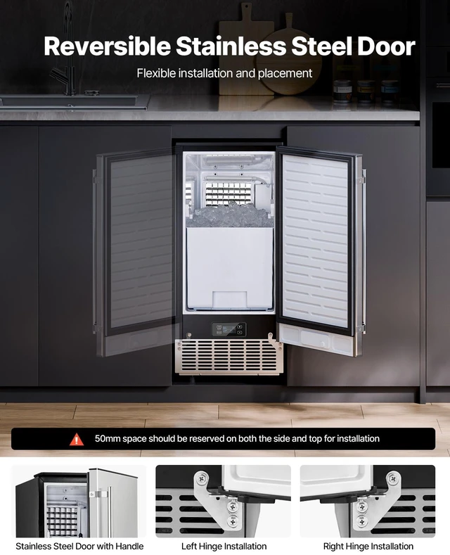 Alt view image 6 of 7 - Undercounter Built-in Ice Maker, 80 Lbs/Day Under Counter Ice Maker Machine with Reversible Door Stainless Steel, Freestanding Ice Maker for Commercial Home Kitchen, Electric Drainage