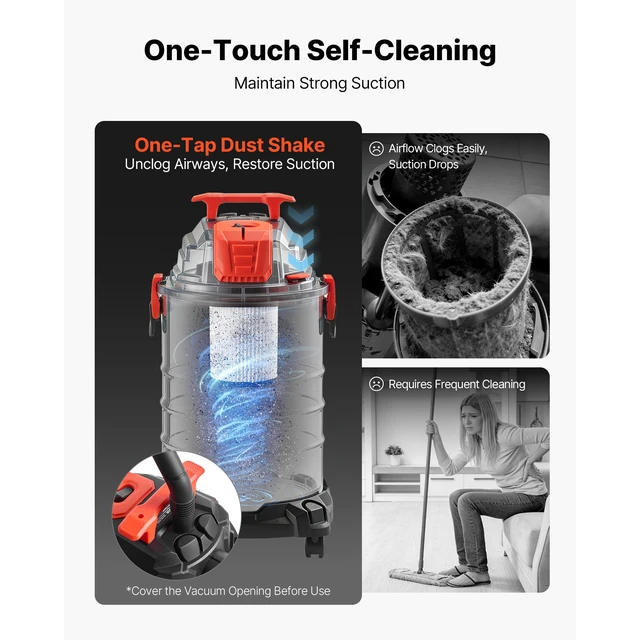 Alt view image 6 of 7 - Shop Vac, 8 Gallon Wet Dry Shop Vacuum, 6 Peak HP with One-Button Self-Cleaning, Dual-Filter, 900W Input Power, 1.25in x 7ft Hose, 9.8ft Cord, Metal Tank for Jobsite, Workshop, Garage, Home