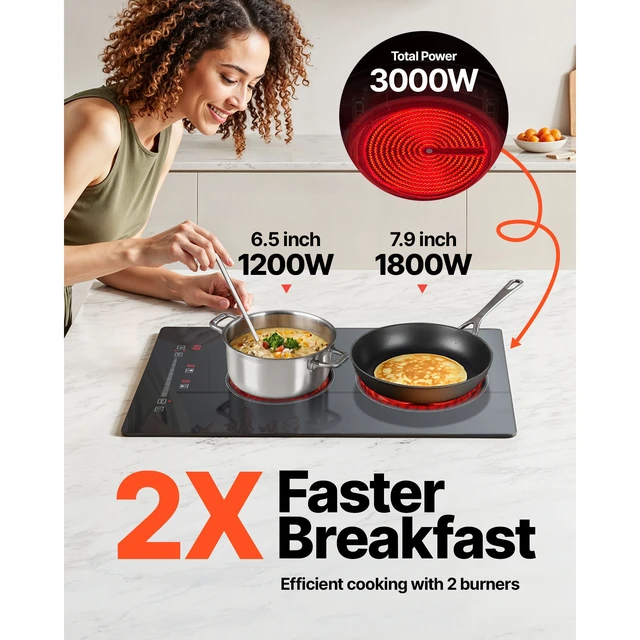 Alt view image 4 of 7 - Built in Electric Stove Top, 20 x 11.6 inch 2 Burners, 240V Glass Radiant Cooktop with Sensor Touch Control, Timer & Child Lock Included, 9 Power Levels for Simmer Steam Slow Cook Fry