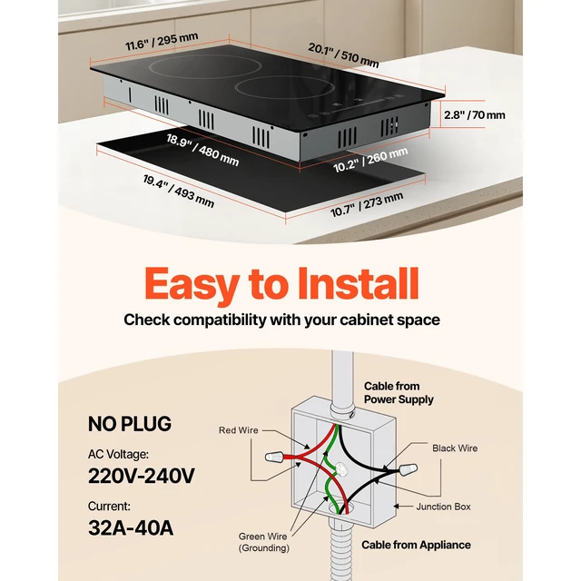 Alt view image 3 of 7 - Built in Electric Stove Top, 20 x 11.6 inch 2 Burners, 240V Glass Radiant Cooktop with Sensor Touch Control, Timer & Child Lock Included, 9 Power Levels for Simmer Steam Slow Cook Fry
