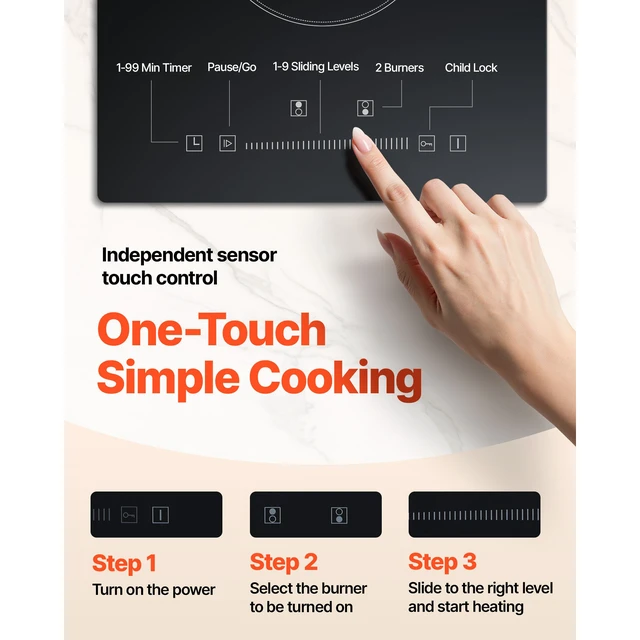 Alt view image 6 of 7 - Built in Electric Stove Top, 20 x 11.6 inch 2 Burners, 240V Glass Radiant Cooktop with Sensor Touch Control, Timer & Child Lock Included, 9 Power Levels for Simmer Steam Slow Cook Fry