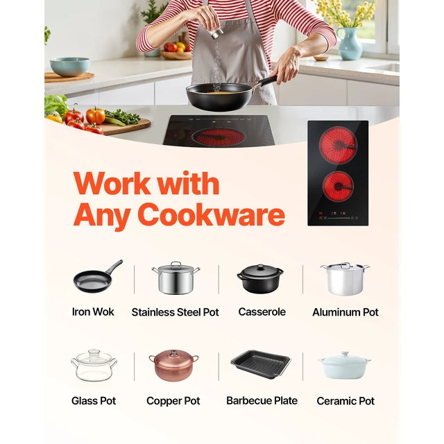 Alt view image 7 of 7 - Built in Electric Stove Top, 20 x 11.6 inch 2 Burners, 240V Glass Radiant Cooktop with Sensor Touch Control, Timer & Child Lock Included, 9 Power Levels for Simmer Steam Slow Cook Fry