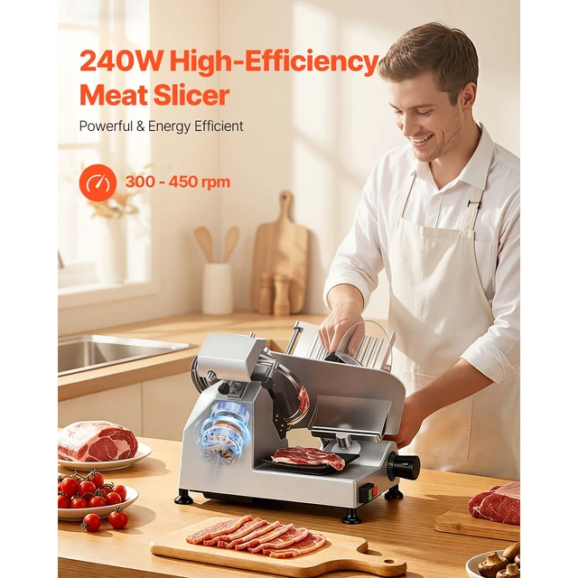 Alt view image 2 of 7 - 10" Commercial Meat Slicer, 240W Electric Deli Food Slicer with Carbon Steel Blade, Built-In Sharpener & 0-0.47" Adjustable Thickness for Frozen Meat, Ham, Baguett, Steak, UL Approved