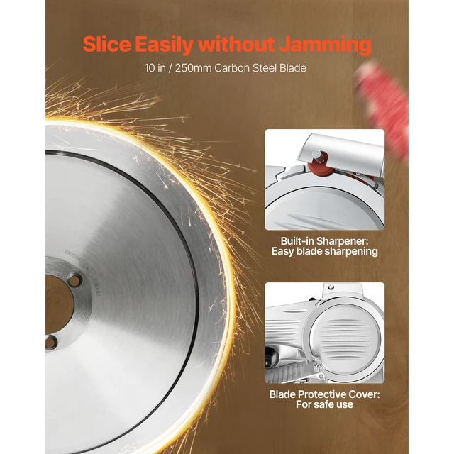 Alt view image 3 of 7 - 10" Commercial Meat Slicer, 240W Electric Deli Food Slicer with Carbon Steel Blade, Built-In Sharpener & 0-0.47" Adjustable Thickness for Frozen Meat, Ham, Baguett, Steak, UL Approved