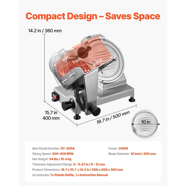 Alt view image 7 of 7 - 10" Commercial Meat Slicer, 240W Electric Deli Food Slicer with Carbon Steel Blade, Built-In Sharpener & 0-0.47" Adjustable Thickness for Frozen Meat, Ham, Baguett, Steak, UL Approved