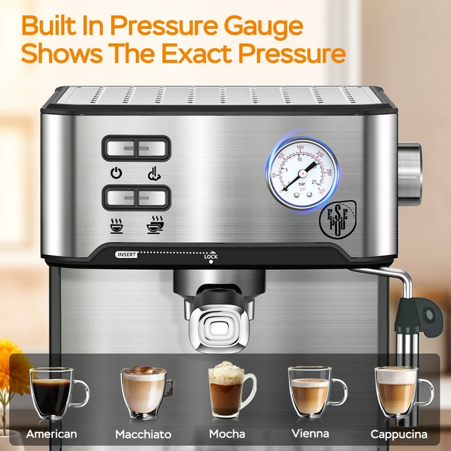 Alt view image 4 of 7 - 20 Bar Professional Espresso Machine with Milk Frother, Single & Double Shot, ESE Pod Compatible, Pressure Display, Removable Water Tank for Cappuccino, Latte, & Macchiato Home Barista Edition