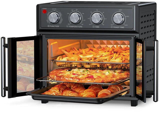 Main image of PlumChef 26QT Large capacity French Double-Door Air Fryer Convection Toaster Oven, 1700W, 7 Preset Menus, 7-in-1 Multi-Function for Bake, Roast, Grill, Toast, Dehydrate& Defrost, Stainless Steel,Black