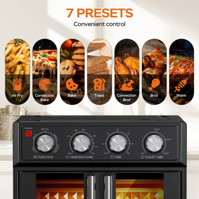 Alt view image 5 of 7 - PlumChef 26QT Large capacity French Double-Door Air Fryer Convection Toaster Oven, 1700W, 7 Preset Menus, 7-in-1 Multi-Function for Bake, Roast, Grill, Toast, Dehydrate& Defrost, Stainless Steel,Black