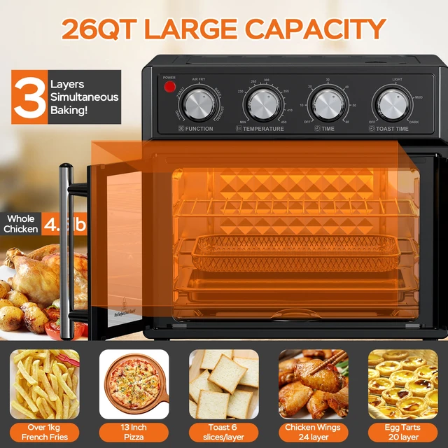 Alt view image 7 of 7 - PlumChef 26QT Large capacity French Double-Door Air Fryer Convection Toaster Oven, 1700W, 7 Preset Menus, 7-in-1 Multi-Function for Bake, Roast, Grill, Toast, Dehydrate& Defrost, Stainless Steel,Black