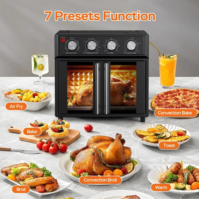 Alt view image 6 of 7 - PlumChef 26QT Large capacity French Double-Door Air Fryer Convection Toaster Oven, 1700W, 7 Preset Menus, 7-in-1 Multi-Function for Bake, Roast, Grill, Toast, Dehydrate& Defrost, Stainless Steel,Black