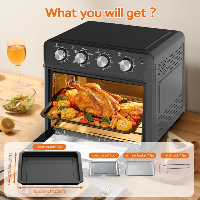 Alt view image 5 of 7 - Plum Chef Air Fryer Oven 27.5QT, 6-in-1 Countertop Convection Oven, Air Fry, Bake, Broil, Toast, Warm, Dehydrate, 4 Knob Control, 1600W, Family Size for Crispy Cooking, Black