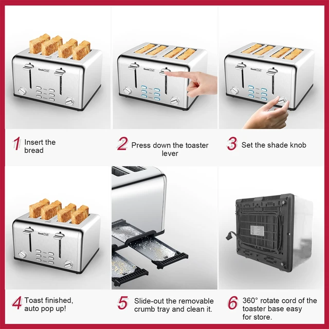 Alt view image 2 of 7 - 4 Slice Stainless Steel Toaster Extra Wide Slots Dual Independent Control 6 Browning Levels Bagel Defrost Cancel Function Removable Crumb Tray for Family Breakfast