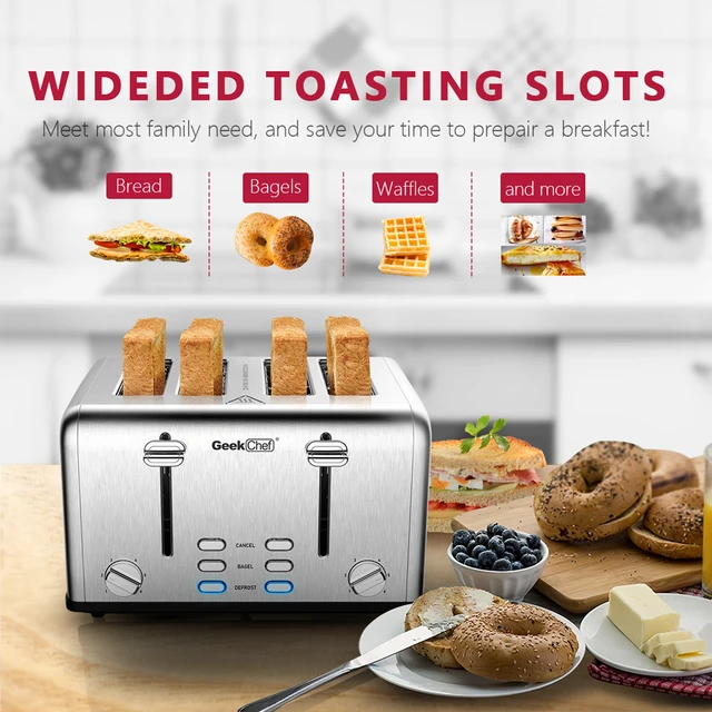 Alt view image 6 of 7 - 4 Slice Stainless Steel Toaster Extra Wide Slots Dual Independent Control 6 Browning Levels Bagel Defrost Cancel Function Removable Crumb Tray for Family Breakfast