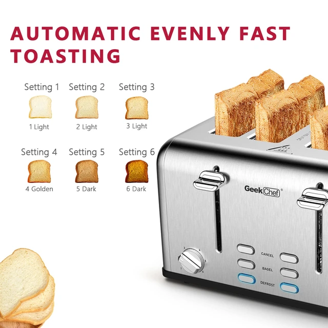 Alt view image 7 of 7 - 4 Slice Stainless Steel Toaster Extra Wide Slots Dual Independent Control 6 Browning Levels Bagel Defrost Cancel Function Removable Crumb Tray for Family Breakfast