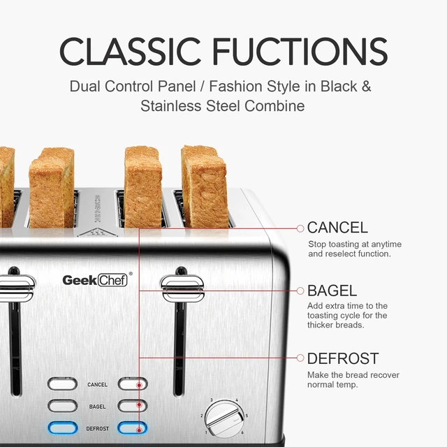 Alt view image 4 of 7 - 4 Slice Stainless Steel Toaster Extra Wide Slots Dual Independent Control 6 Browning Levels Bagel Defrost Cancel Function Removable Crumb Tray for Family Breakfast