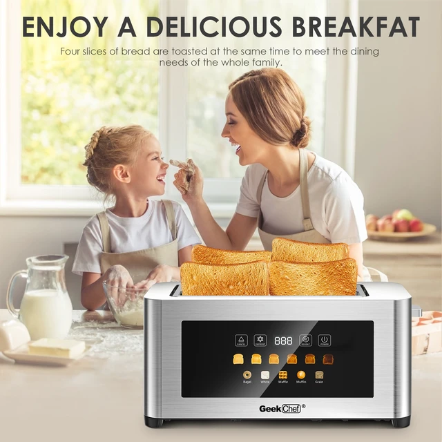 Alt view image 3 of 7 - 4 Slice Toaster, Digital Touch Screen Toaster, 1.5" Extra Wide Slots Stainless Steel Toaster for Bagels, Thick Bread & Waffles, 6 Browning Levels, Defrost Reheat Cancel Functions, Removable Crumb Tray