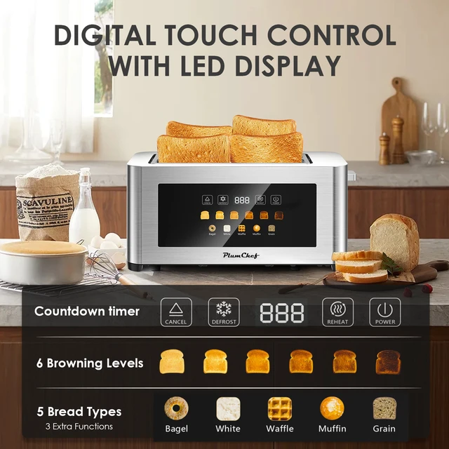 Alt view image 5 of 7 - 4 Slice Toaster, Digital Touch Screen Toaster, 1.5" Extra Wide Slots Stainless Steel Toaster for Bagels, Thick Bread & Waffles, 6 Browning Levels, Defrost Reheat Cancel Functions, Removable Crumb Tray