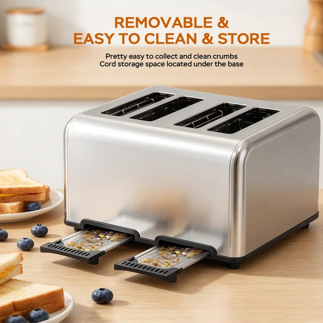 Alt view image 3 of 7 - 4-Slice Stainless Steel Toaster with 1.5" Extra Wide Slots, LED Digital Display, Independent Left/Right Control, 6 Browning Levels, Bagel/Waffle/Gluten Free Presets, Defrost/Reheat/Cancel, Removable