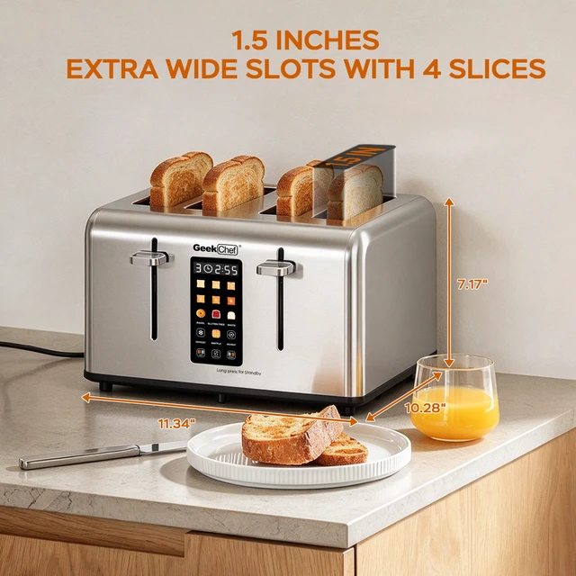 Alt view image 4 of 7 - 4-Slice Stainless Steel Toaster with 1.5" Extra Wide Slots, LED Digital Display, Independent Left/Right Control, 6 Browning Levels, Bagel/Waffle/Gluten Free Presets, Defrost/Reheat/Cancel, Removable