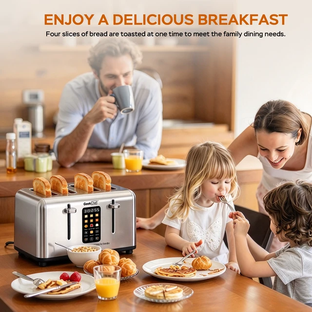 Alt view image 5 of 7 - 4-Slice Stainless Steel Toaster with 1.5" Extra Wide Slots, LED Digital Display, Independent Left/Right Control, 6 Browning Levels, Bagel/Waffle/Gluten Free Presets, Defrost/Reheat/Cancel, Removable