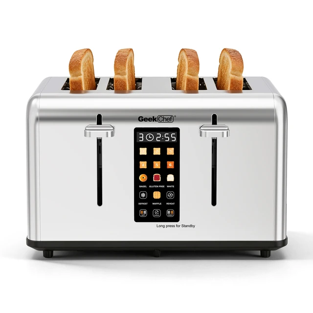 Alt view image 7 of 7 - 4-Slice Stainless Steel Toaster with 1.5" Extra Wide Slots, LED Digital Display, Independent Left/Right Control, 6 Browning Levels, Bagel/Waffle/Gluten Free Presets, Defrost/Reheat/Cancel, Removable