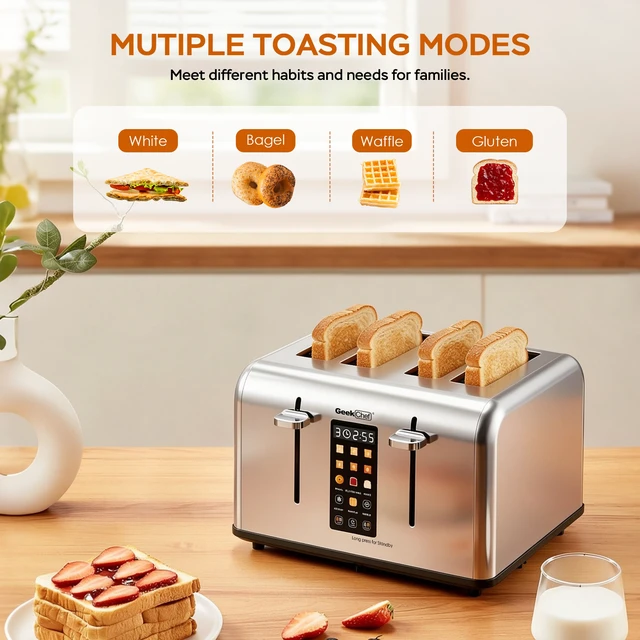 Alt view image 6 of 7 - 4-Slice Stainless Steel Toaster with 1.5" Extra Wide Slots, LED Digital Display, Independent Left/Right Control, 6 Browning Levels, Bagel/Waffle/Gluten Free Presets, Defrost/Reheat/Cancel, Removable