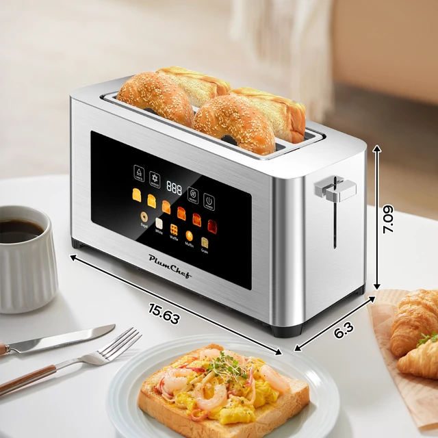 Alt view image 6 of 7 - 4 Slice Toaster, Digital Touch Screen Toaster, 1.5" Extra Wide Slots Stainless Steel Toaster for Bagels, Thick Bread & Waffles, 6 Browning Levels, Defrost Reheat Cancel Functions, Removable Crumb Tray