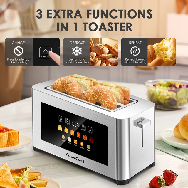 Alt view image 7 of 7 - 4 Slice Toaster, Digital Touch Screen Toaster, 1.5" Extra Wide Slots Stainless Steel Toaster for Bagels, Thick Bread & Waffles, 6 Browning Levels, Defrost Reheat Cancel Functions, Removable Crumb Tray