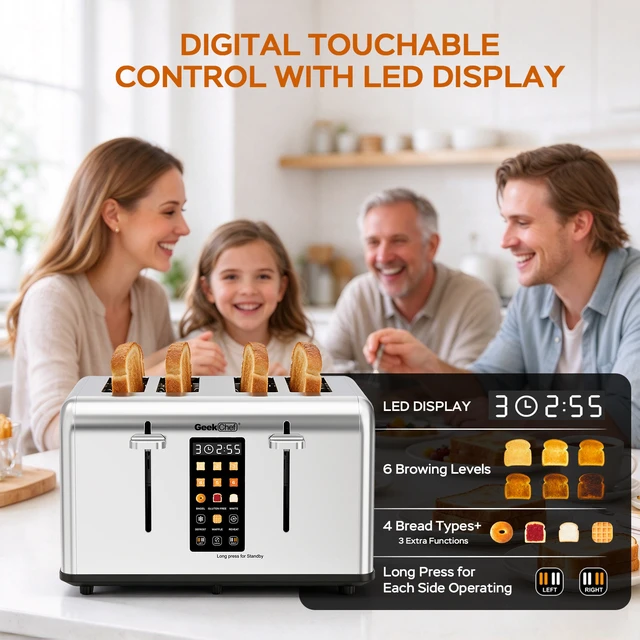 Alt view image 2 of 7 - 4-Slice Stainless Steel Toaster with 1.5" Extra Wide Slots, LED Digital Display, Independent Left/Right Control, 6 Browning Levels, Bagel/Waffle/Gluten Free Presets, Defrost/Reheat/Cancel, Removable