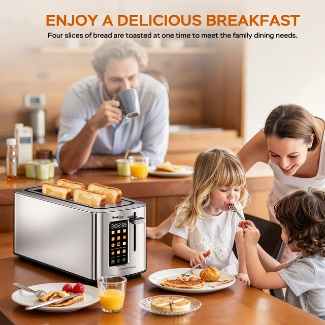 Alt view image 3 of 7 - 4-Slice Stainless Steel Toaster with 1.5" Long & Wide Slots, LED Digital Display, 6 Browning Levels, 6 Bread Modes (Bagel/White/Waffle/Gluten Free/Muffin/Grain), Defrost/Reheat/Cancel, Smart Touch P