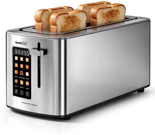 Main image of 4-Slice Stainless Steel Toaster with 1.5" Long & Wide Slots, LED Digital Display, 6 Browning Levels, 6 Bread Modes (Bagel/White/Waffle/Gluten Free/Muffin/Grain), Defrost/Reheat/Cancel, Smart Touch P