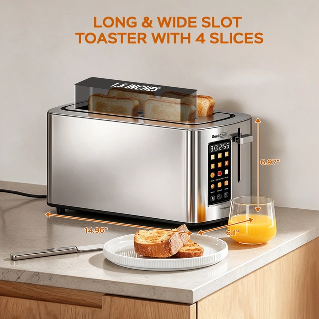 Alt view image 4 of 7 - 4-Slice Stainless Steel Toaster with 1.5" Long & Wide Slots, LED Digital Display, 6 Browning Levels, 6 Bread Modes (Bagel/White/Waffle/Gluten Free/Muffin/Grain), Defrost/Reheat/Cancel, Smart Touch P