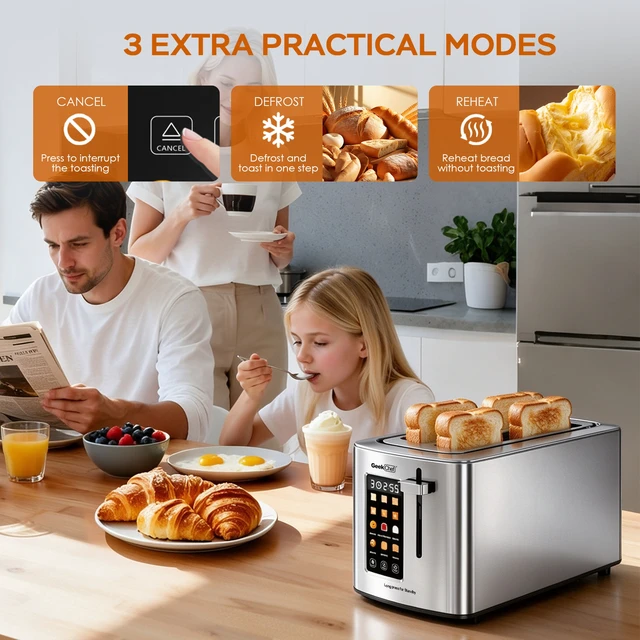 Alt view image 2 of 7 - 4-Slice Stainless Steel Toaster with 1.5" Long & Wide Slots, LED Digital Display, 6 Browning Levels, 6 Bread Modes (Bagel/White/Waffle/Gluten Free/Muffin/Grain), Defrost/Reheat/Cancel, Smart Touch P