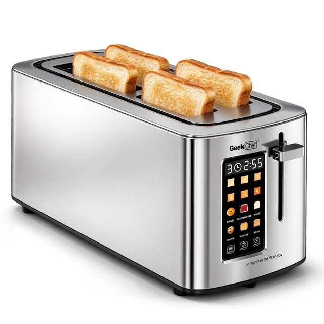 Alt view image 5 of 7 - 4-Slice Stainless Steel Toaster with 1.5" Long & Wide Slots, LED Digital Display, 6 Browning Levels, 6 Bread Modes (Bagel/White/Waffle/Gluten Free/Muffin/Grain), Defrost/Reheat/Cancel, Smart Touch P