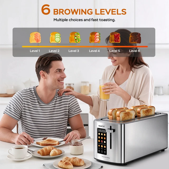 Alt view image 7 of 7 - 4-Slice Stainless Steel Toaster with 1.5" Long & Wide Slots, LED Digital Display, 6 Browning Levels, 6 Bread Modes (Bagel/White/Waffle/Gluten Free/Muffin/Grain), Defrost/Reheat/Cancel, Smart Touch P