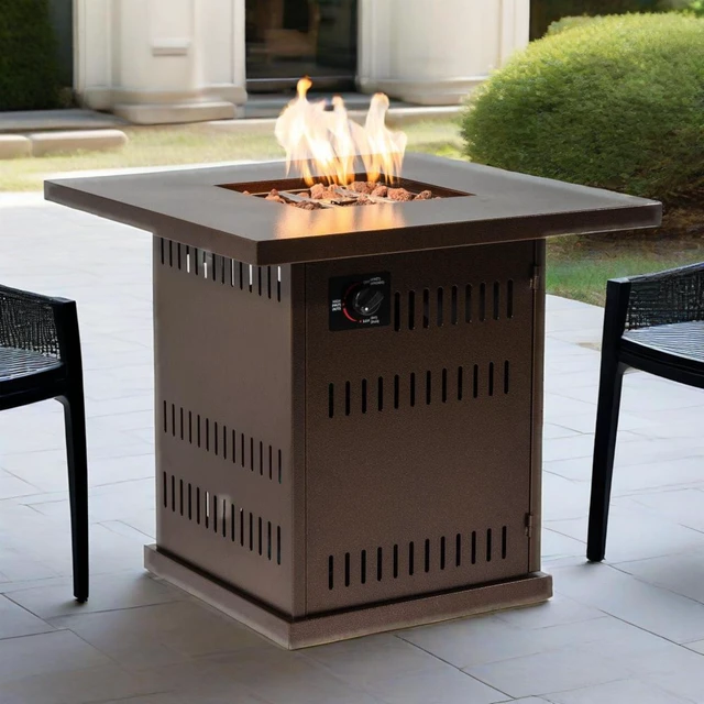 Alt view image 7 of 7 - 28" Propane Gas Fire Pit Table, 50000 BTU Square Steel Fire Pit for Outside Patio Deck Garden Courtyard-Brown