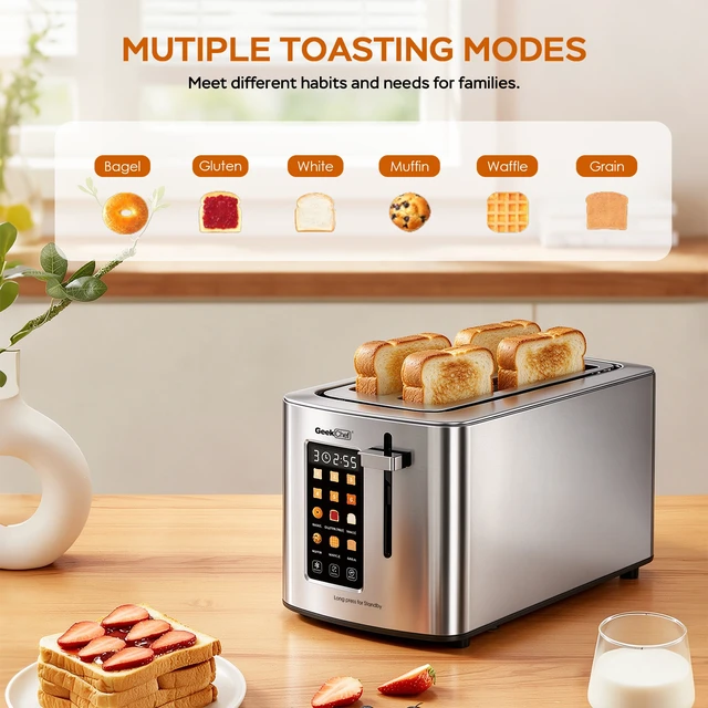 Alt view image 6 of 7 - 4-Slice Stainless Steel Toaster with 1.5" Long & Wide Slots, LED Digital Display, 6 Browning Levels, 6 Bread Modes (Bagel/White/Waffle/Gluten Free/Muffin/Grain), Defrost/Reheat/Cancel, Smart Touch P