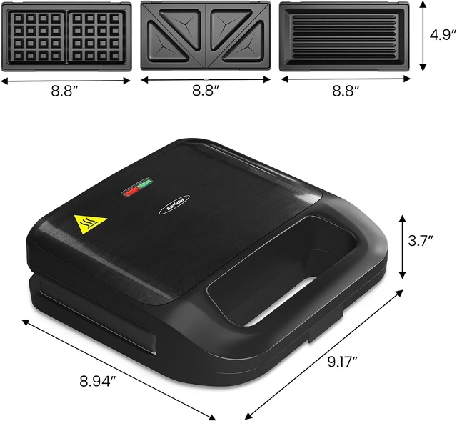Alt view image 2 of 7 - 3 in 1 Electric Sandwich Maker with Removable Nonstick Plates - 750W, Black for Belgian Waffle/Panini/Grill/Pancake Griddle/Breakfast, Dishwasher Safe, Cool Touch Handle, Easy to Clean & Store